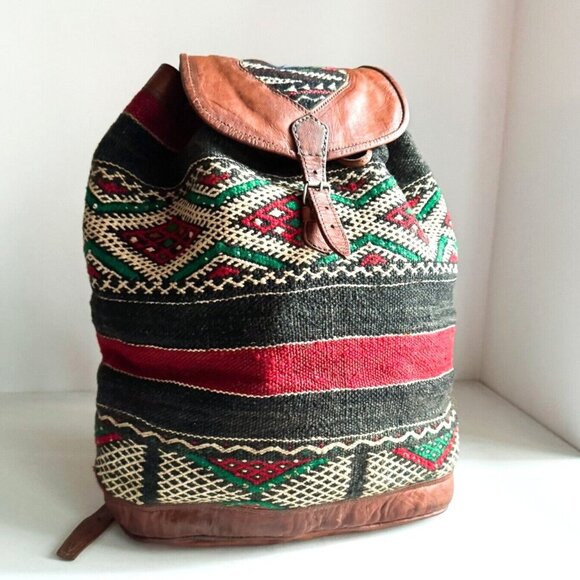 Vintage Handmade Ethnic Kilim Leather LArge Backpack - Picture 1 of 15